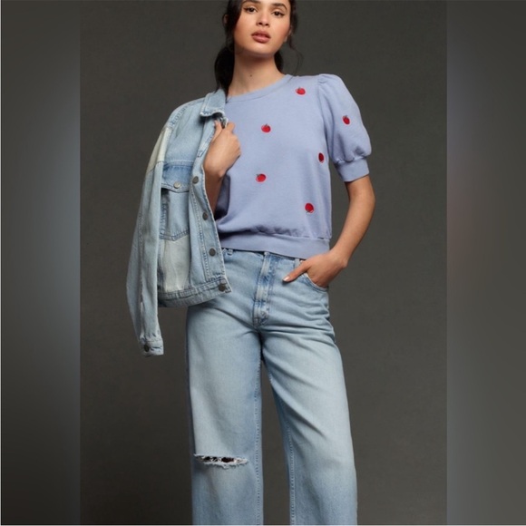 T. La Puff-Sleeve Pullover Shirt French Terry Blue tomato Embroidery 2X - Picture 5 of 13